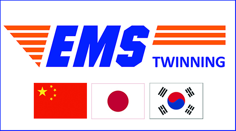 EMS logo twinning and flags of China, Japan and Korea (Rep)